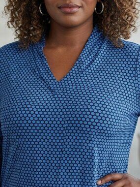 Worthington Woman Blue Honeycomb 3/4 Sleeve V-Neck Office Top Plus Size 1X